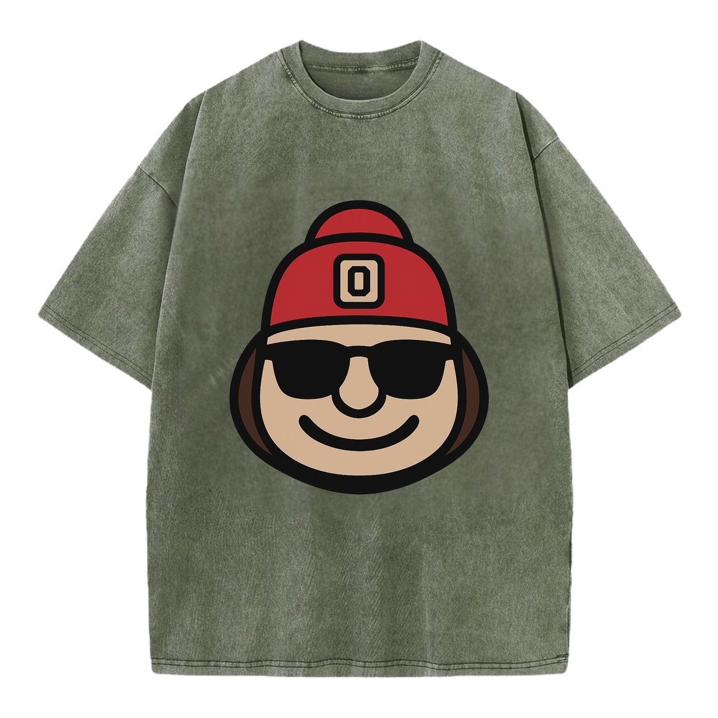 Columbus Brutus wearing Ohio State beanie with Block O patch - Vintage T-shirt - Army Green