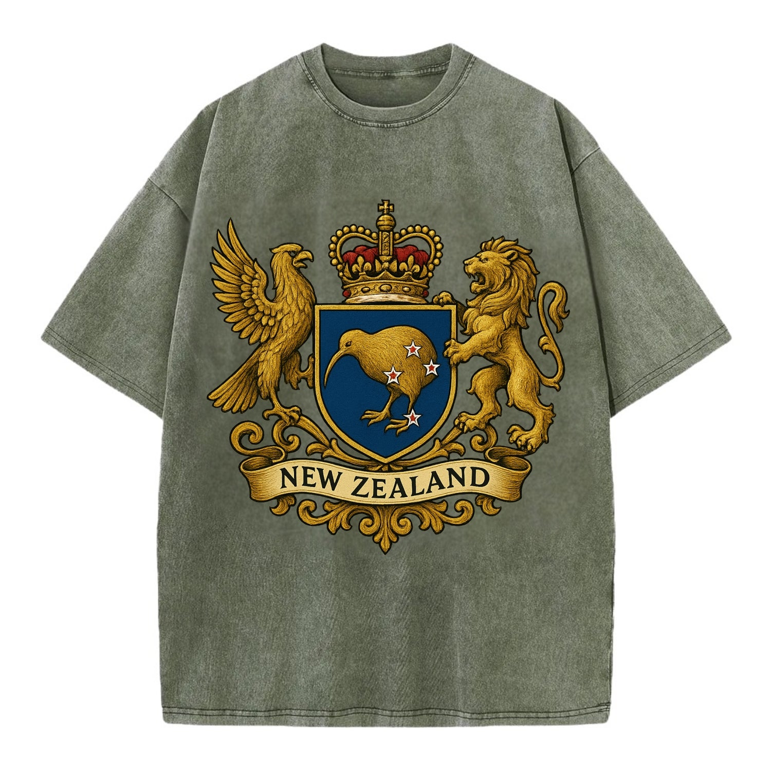 New Zealand Heritage Badge  - Vintage T-shirt - Army Green