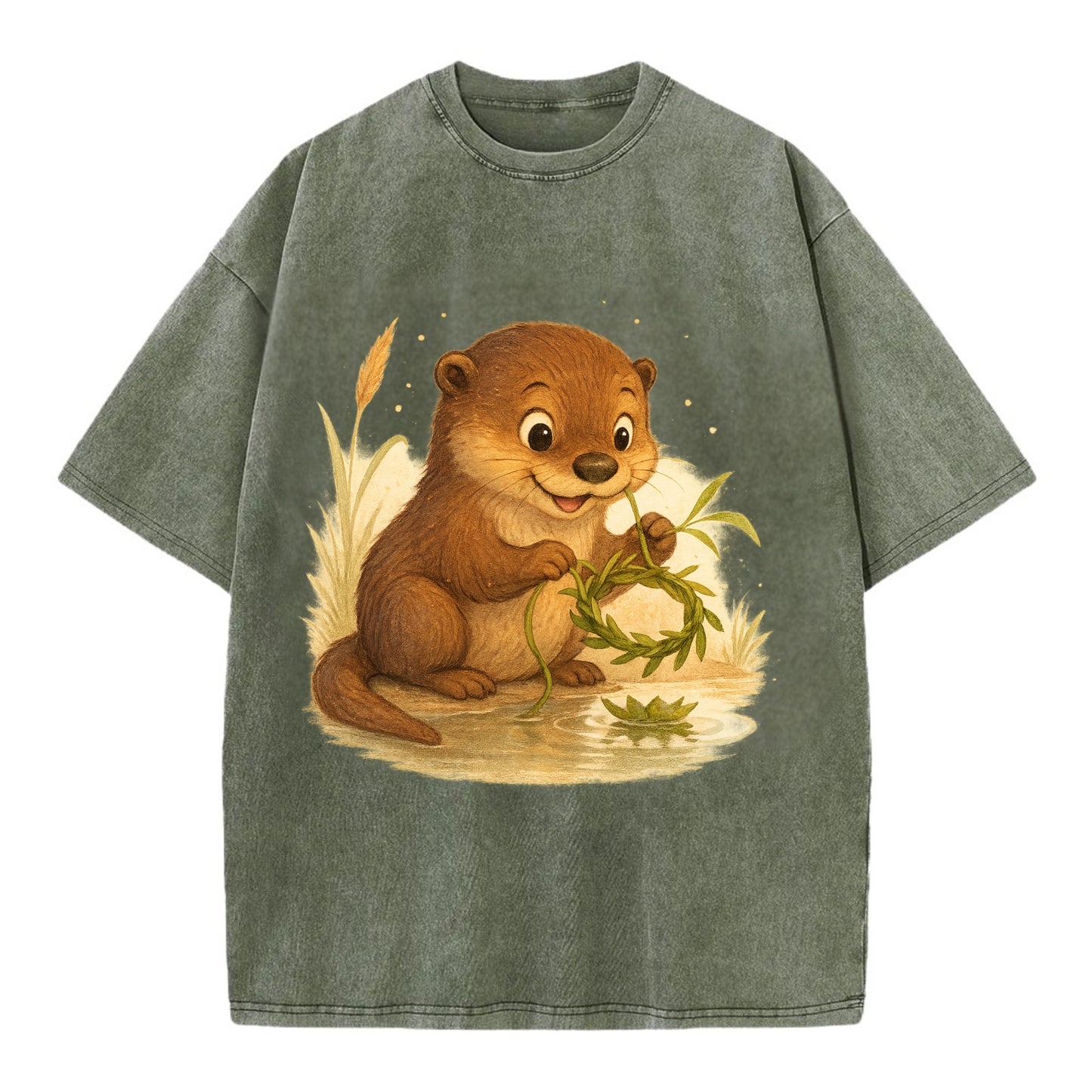 Otter weaving river reeds into a floating crown beside mirror-still water - Vintage T-shirt - Army Green