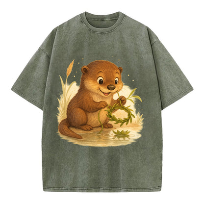 Otter weaving river reeds into a floating crown beside mirror-still water - Vintage T-shirt - Army Green