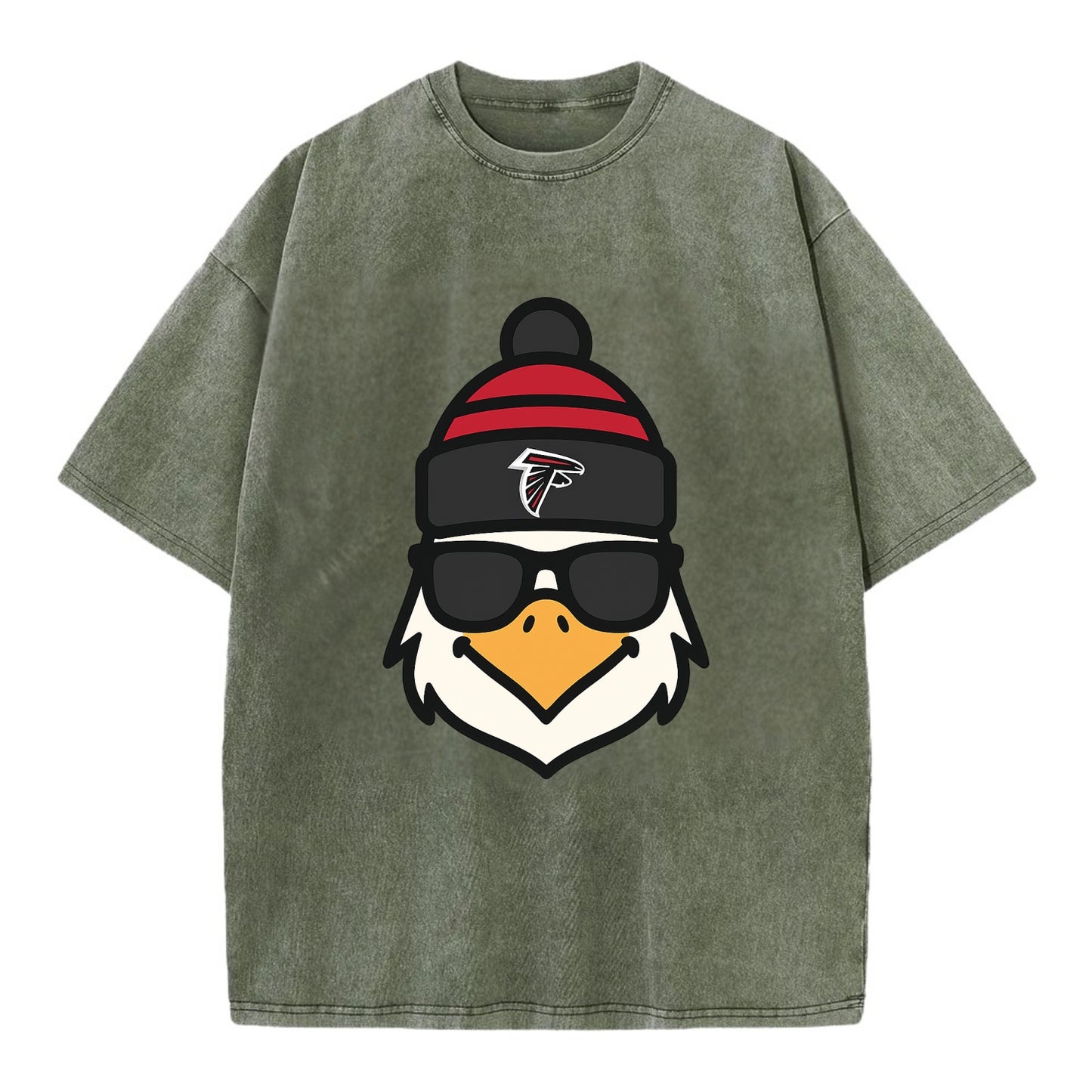 Atlanta Falcon wearing Falcons red and black beanie with pom pom and wayfarer - Vintage T-shirt - Army Green