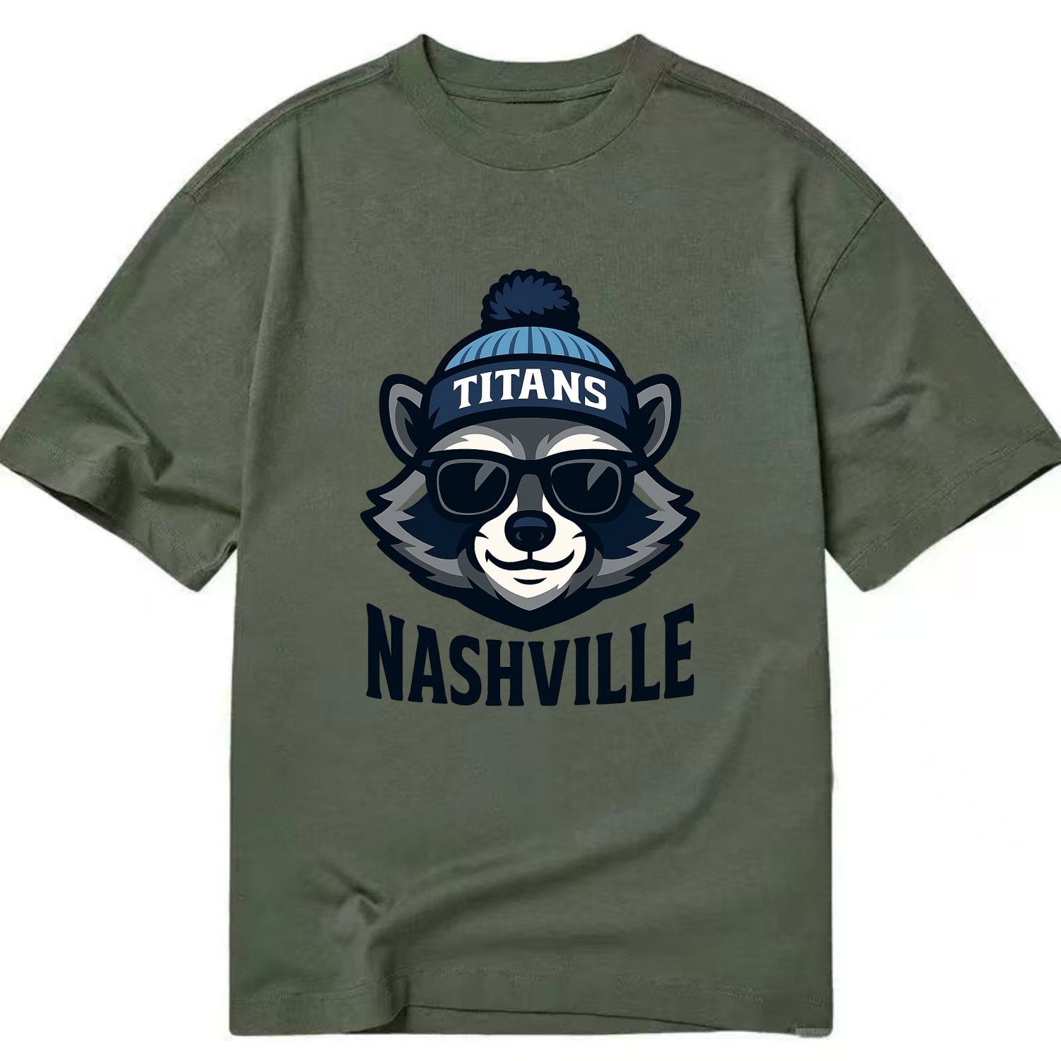 Nashville Raccoon wearing Titans navy and light blue beanie with pom pom and - Classic T-shirt - Army Green