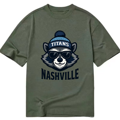 Nashville Raccoon wearing Titans navy and light blue beanie with pom pom and - Classic T-shirt - Army Green