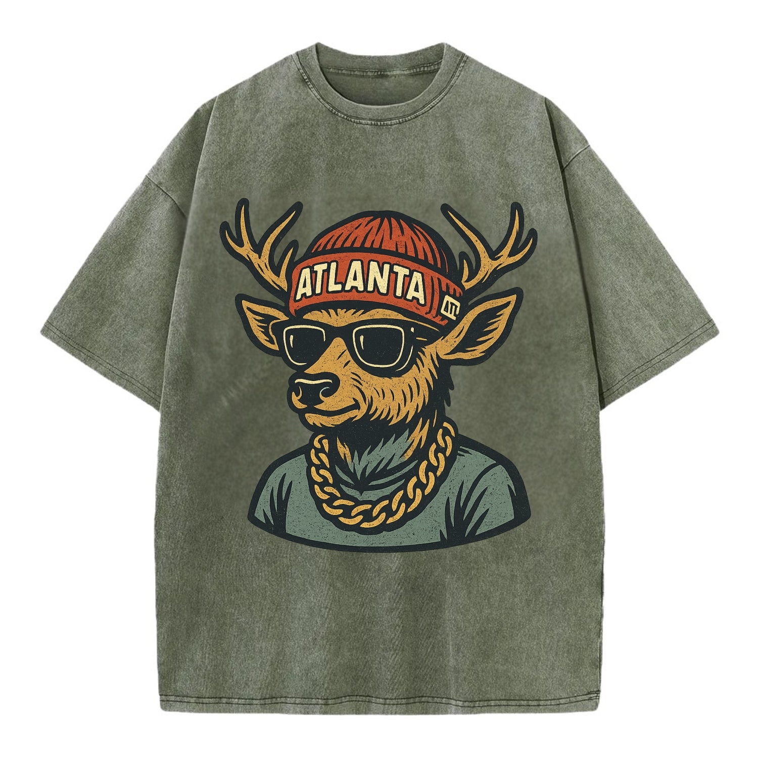 "deer" "atlanta" "atl" "red" "us South" - Vintage T-shirt - Army Green
