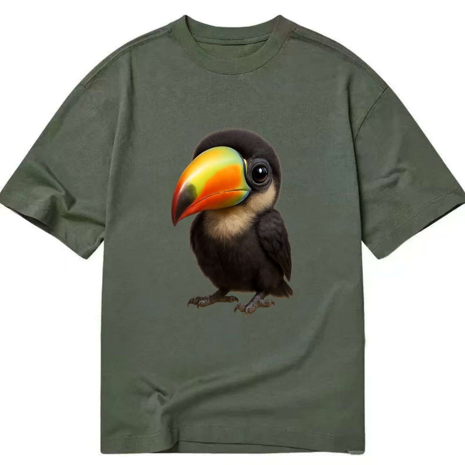 Baby Toucan - oversized colorful beak, black feathers, bright eyes, front-facing, - Classic T-shirt - Army Green