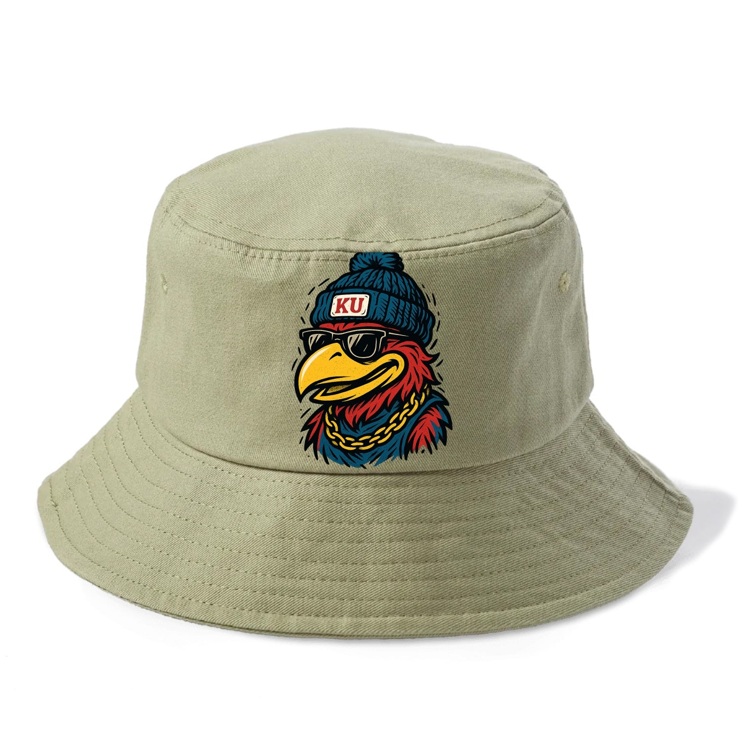 Lawrence Jayhawk wearing Kansas beanie with KU patch - Bucket Hat - Army Green