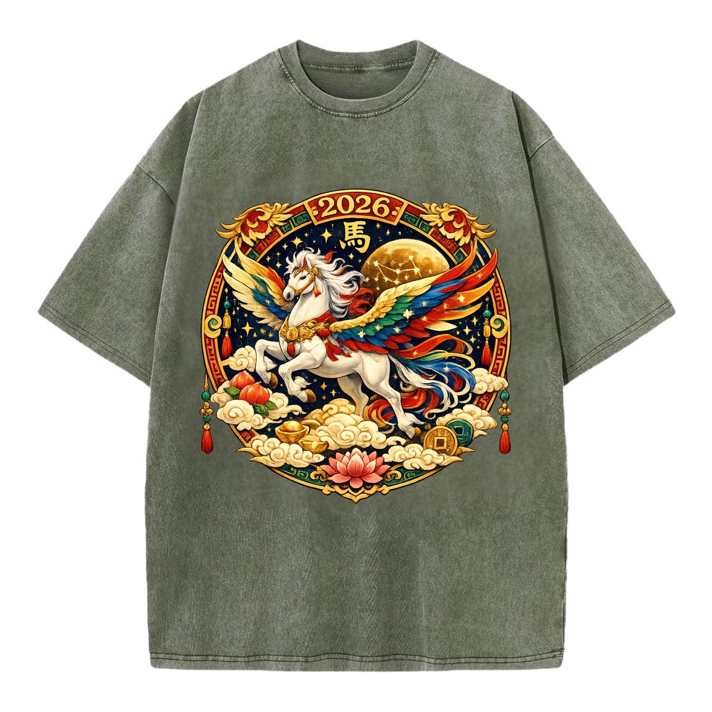 CELESTIAL HORSE | Heavenly horse among clouds and stars | Wings of flowing energy - Vintage T-shirt - Army Green