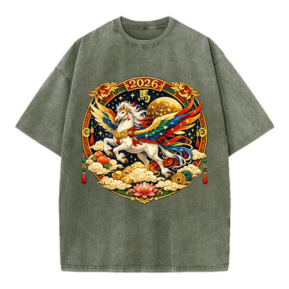 CELESTIAL HORSE | Heavenly horse among clouds and stars | Wings of flowing energy - Vintage T-shirt - Army Green