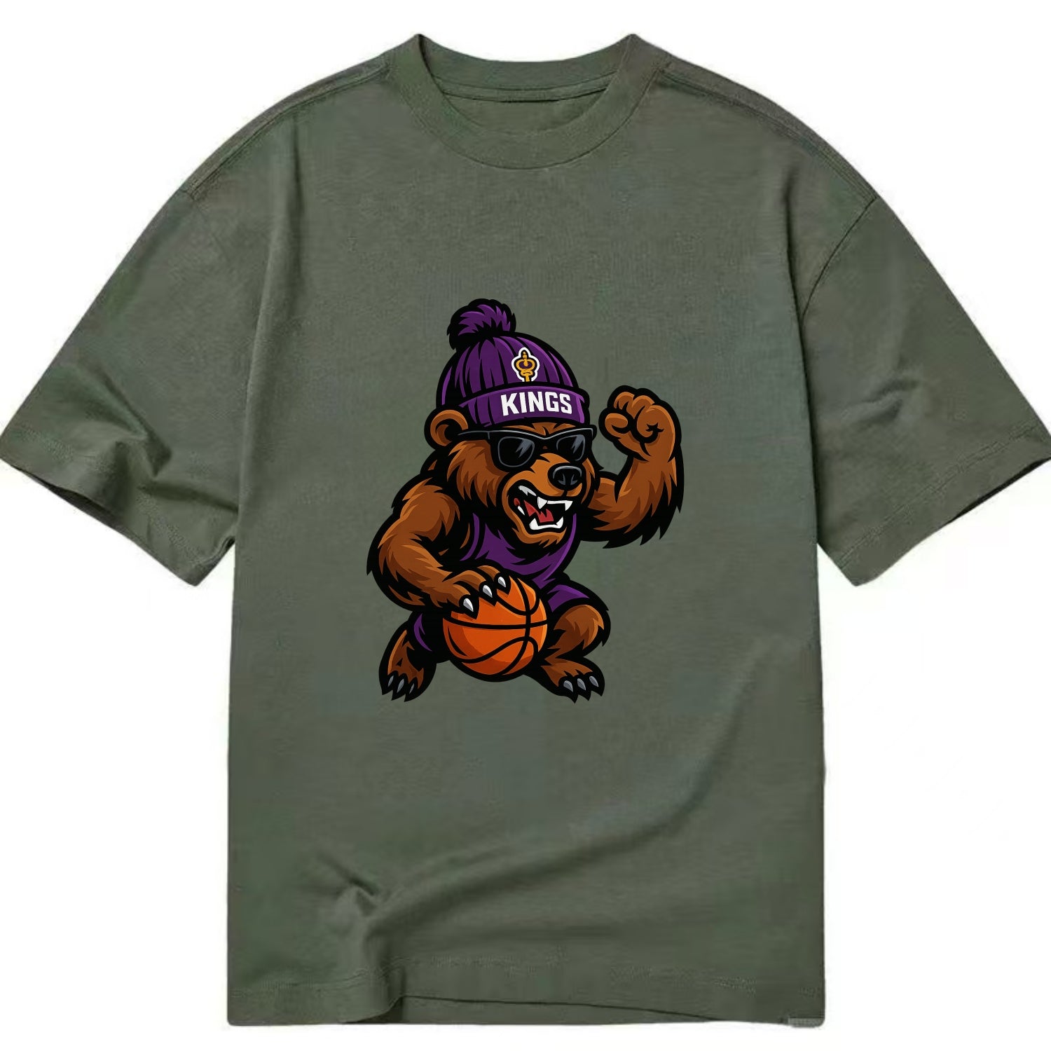 California Grizzly wearing Kings beanie with royal scepter patch and wayfarer - Classic T-shirt - Army Green