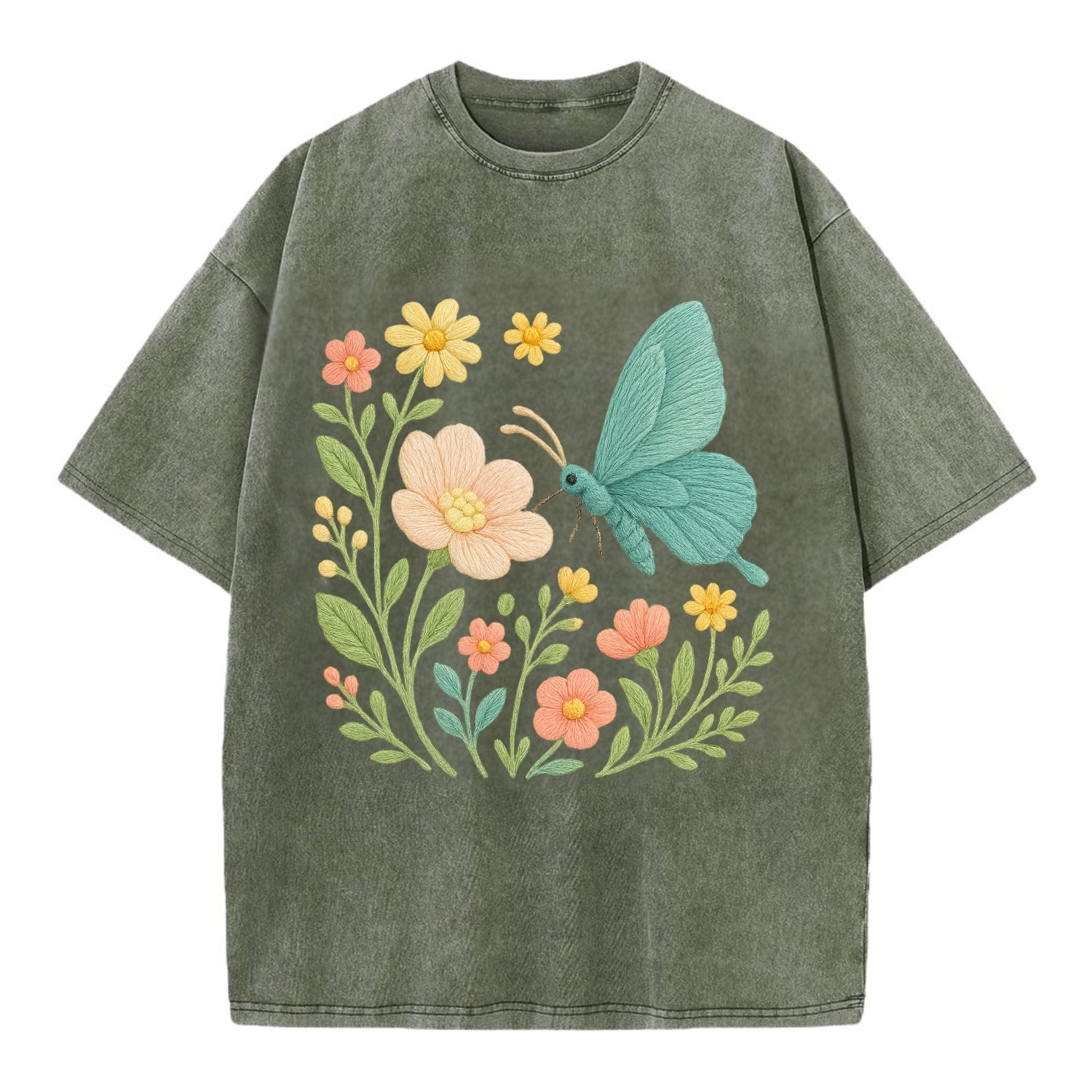 Mint Night Butterfly - Vintage T-shirt - Army Green