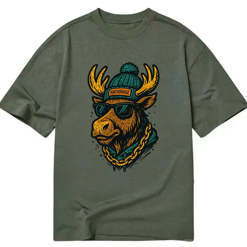 Alaska Moose wearing Anchorage beanie with pom pom and wayfarer sunglasses - Classic T-shirt