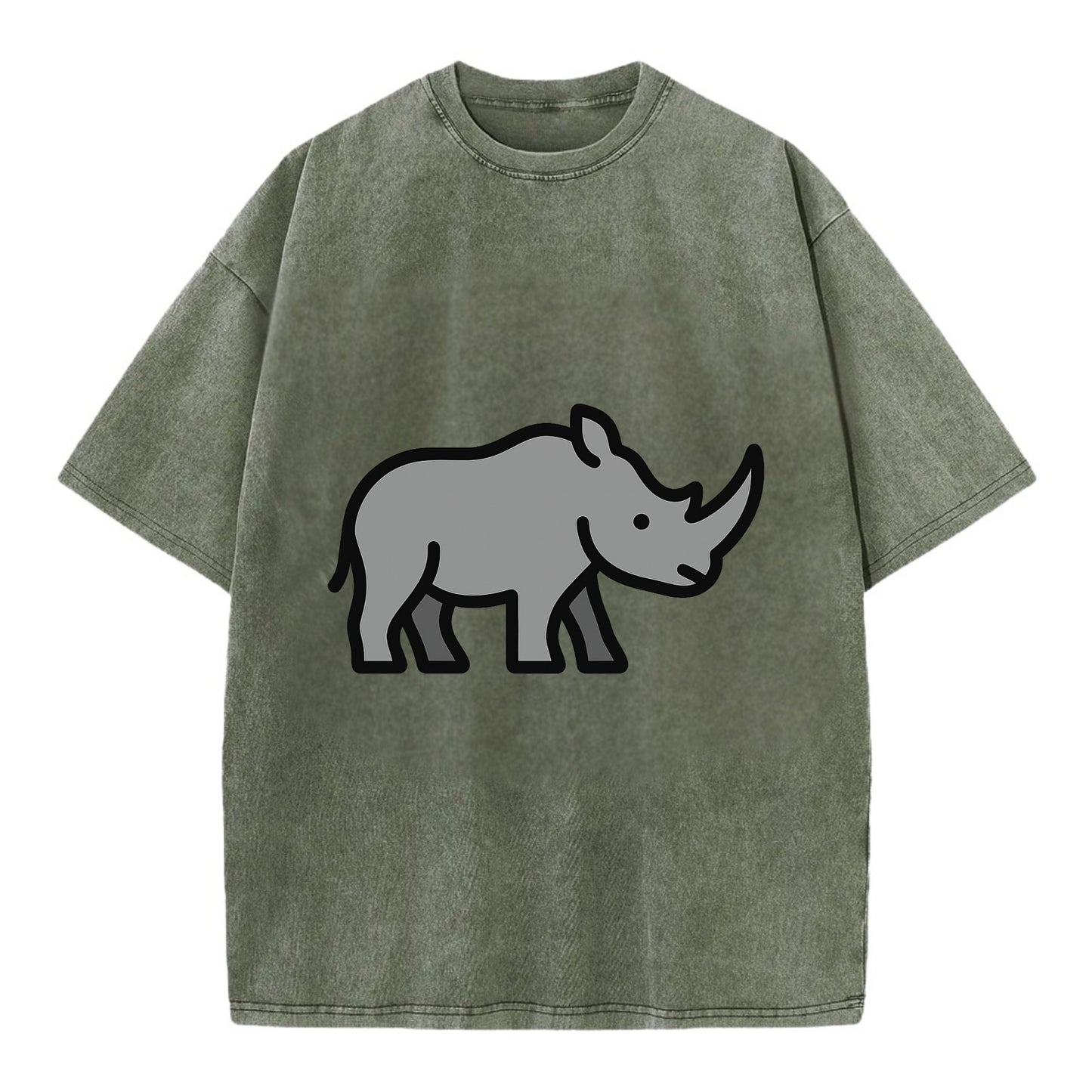 Rhinoceros - Gray with horn flat side profile - Vintage T-shirt - Army Green