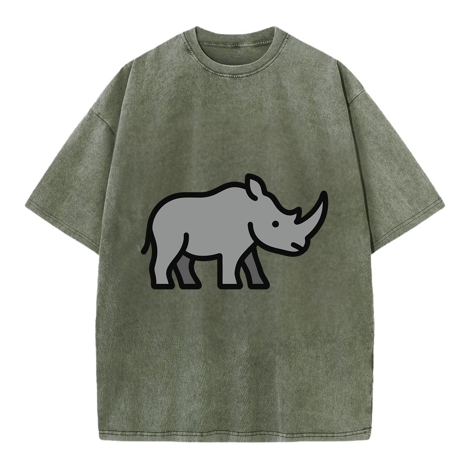Rhinoceros - Gray with horn flat side profile - Vintage T-shirt - Army Green