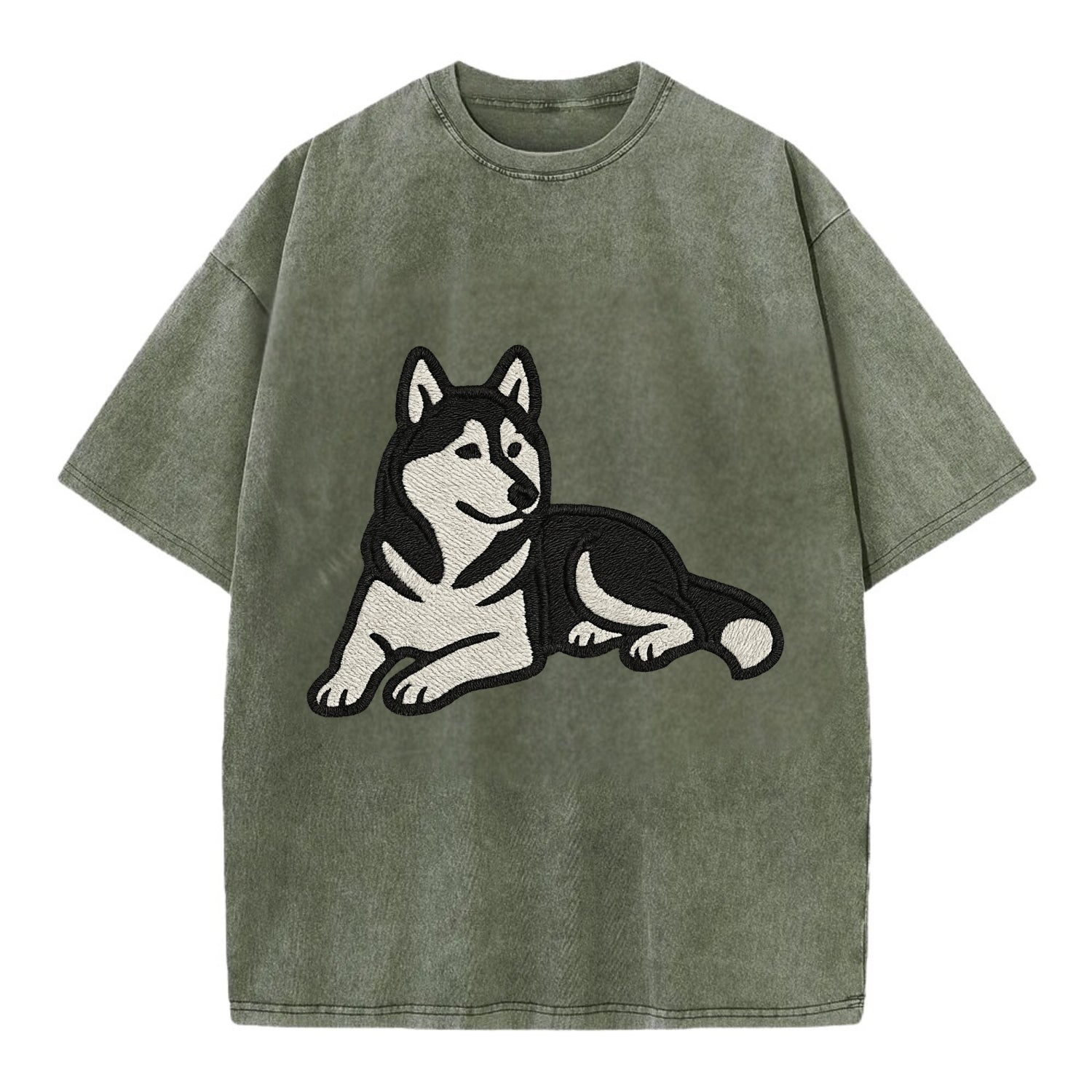 Siberian Husky - Black and white relaxed Vintage T-shirt - Army Green