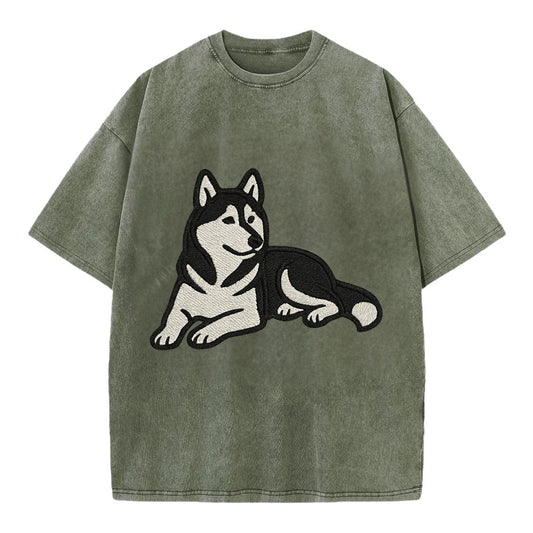 Siberian Husky - Black and white relaxed Vintage T-shirt - Army Green