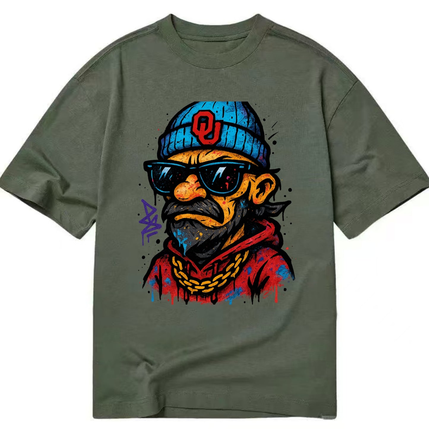 Norman Sooner wearing Oklahoma beanie with OU patch - Classic T-shirt - Army Green