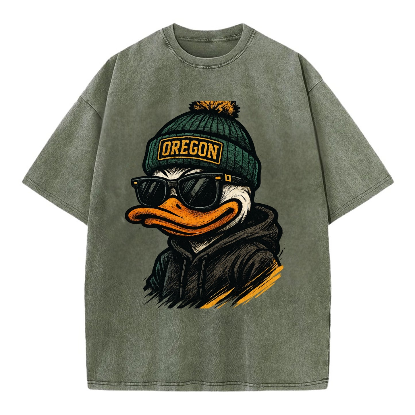 Eugene Duck wearing Oregon beanie with O patch - Vintage T-shirt - Army Green