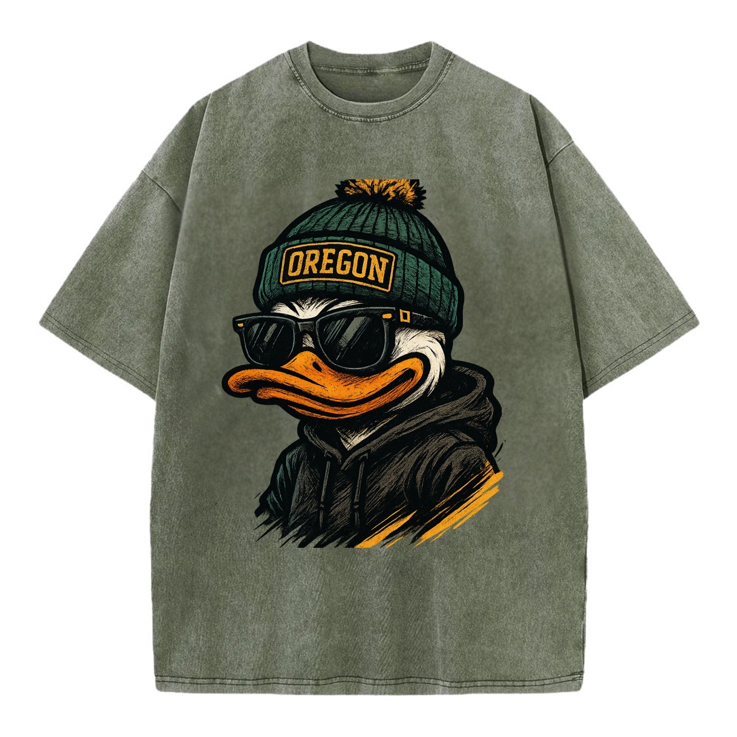 Eugene Duck wearing Oregon beanie with O patch - Vintage T-shirt - Army Green
