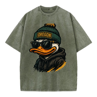 Eugene Duck wearing Oregon beanie with O patch - Vintage T-shirt - Army Green