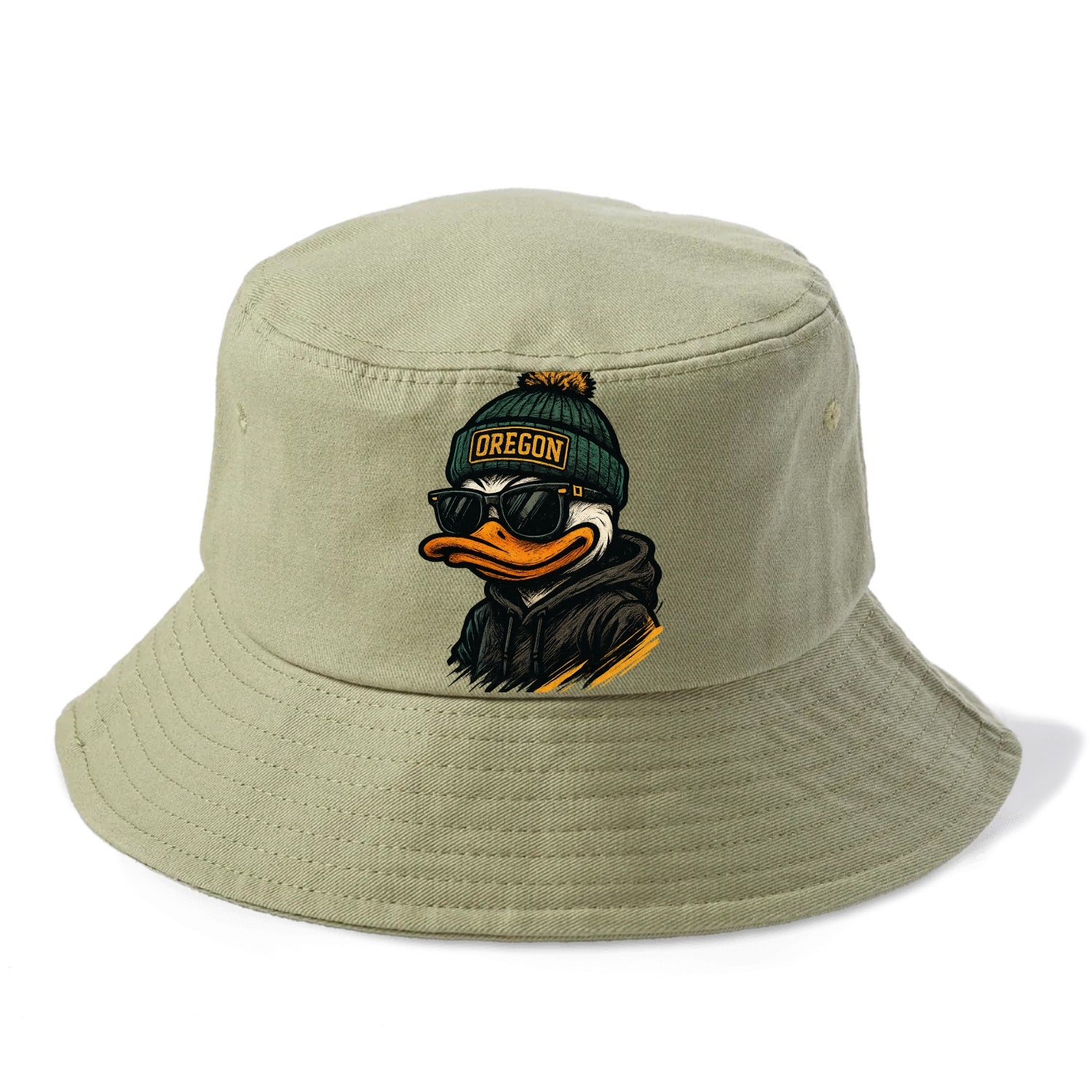 Eugene Duck wearing Oregon beanie with O patch - Bucket Hat - Army Green