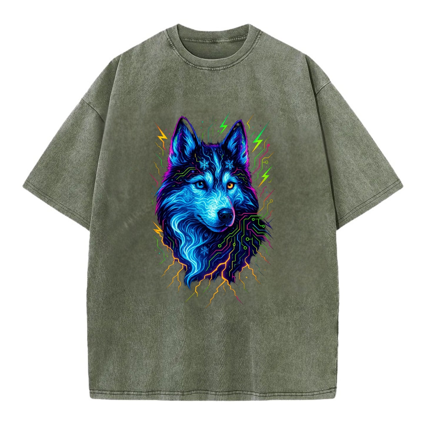 Siberian husky with ice-crystal flowing patterns, electric blue and white swirls, - Vintage T-shirt - Army Green