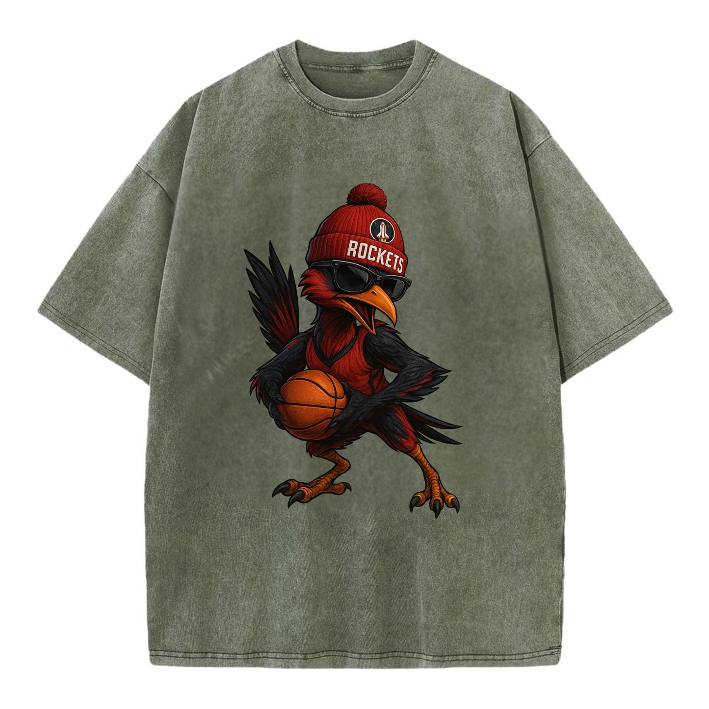 Houston Roadrunner wearing Rockets beanie with launch pad patch and wayfarer - Vintage T-shirt - Army Green