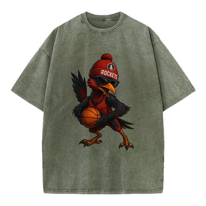Houston Roadrunner wearing Rockets beanie with launch pad patch and wayfarer - Vintage T-shirt - Army Green