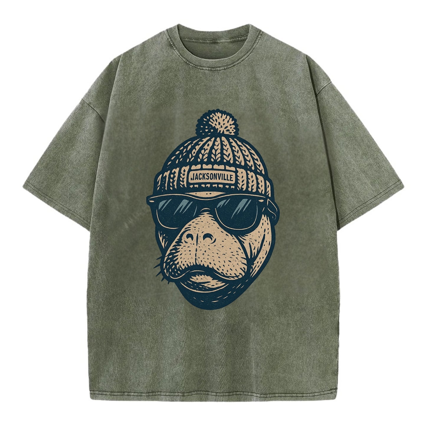 Jacksonville Manatee wearing Jacksonville beanie with pom pom and wayfarer - Vintage T-shirt - Army Green