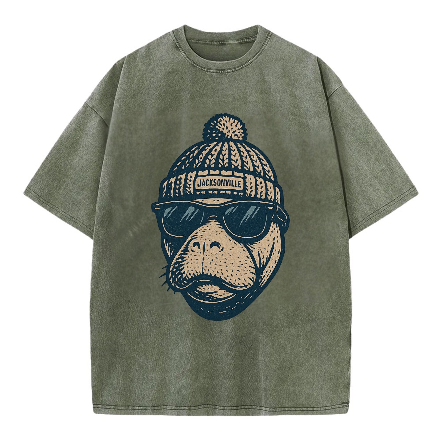 Jacksonville Manatee wearing Jacksonville beanie with pom pom and wayfarer - Vintage T-shirt - Army Green
