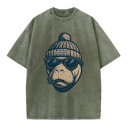 Jacksonville Manatee wearing Jacksonville beanie with pom pom and wayfarer - Vintage T-shirt - Army Green
