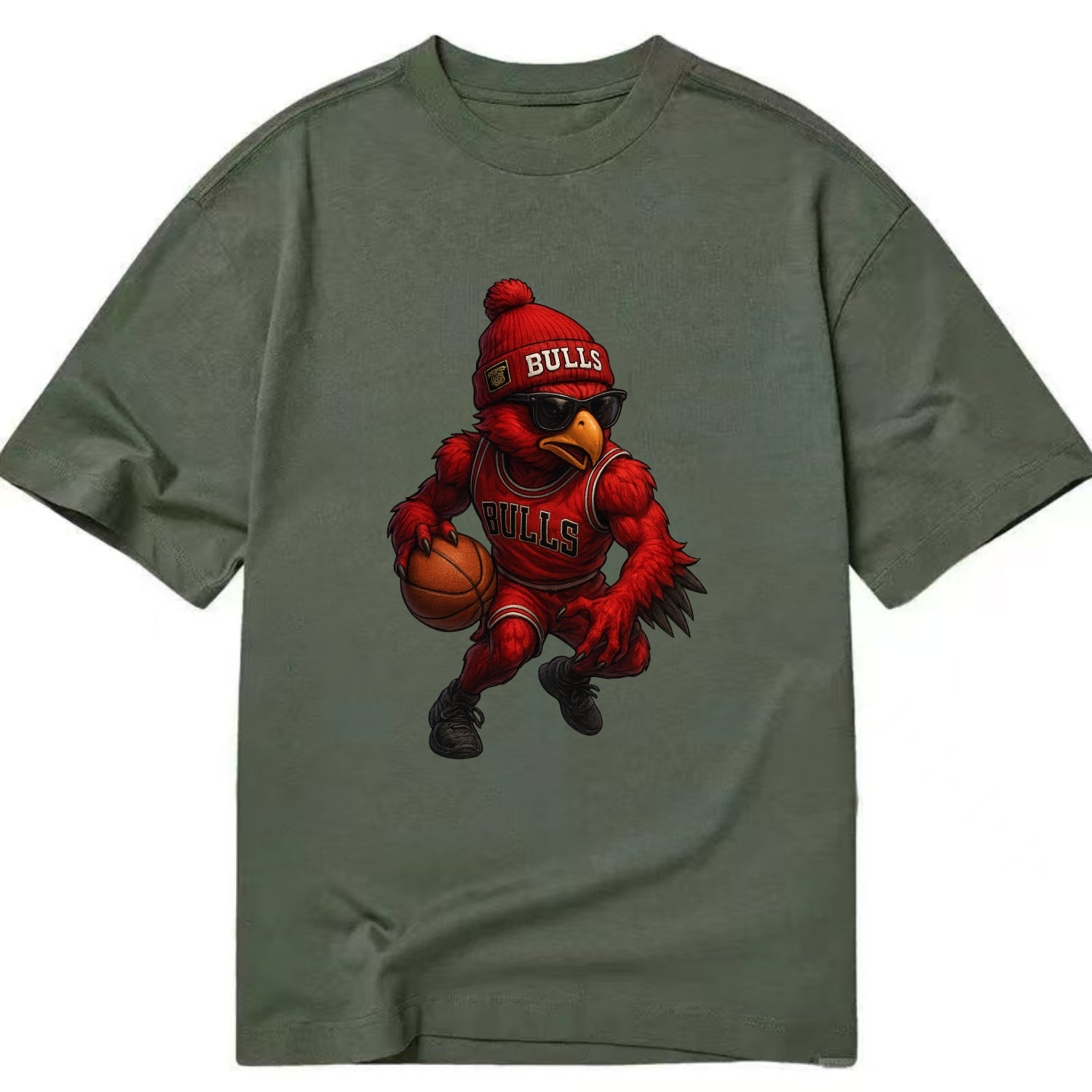 Windy City Hawk wearing Bulls beanie with six rings patch and wayfarer sunglasses - Classic T-shirt - Army Green