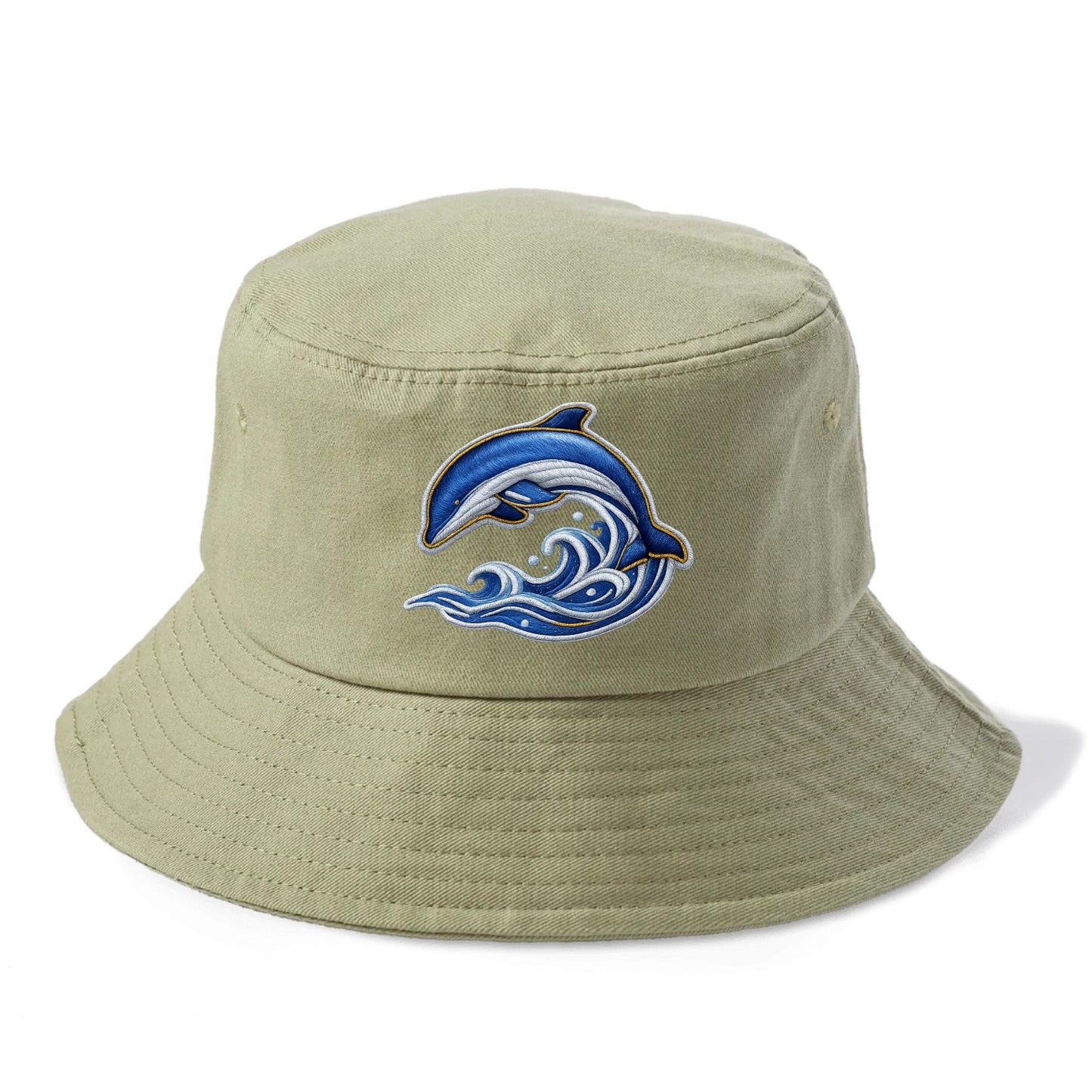 Embroidered patch design - SWIMMING DOLPHIN - diving dolphin with waves in blue and - Bucket Hat - Army Green