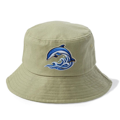 Embroidered patch design - SWIMMING DOLPHIN - diving dolphin with waves in blue and - Bucket Hat - Army Green