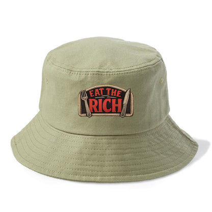 EAT THE RICH - fork and knife with text in red and silver , class war - Bucket Hat - Army Green