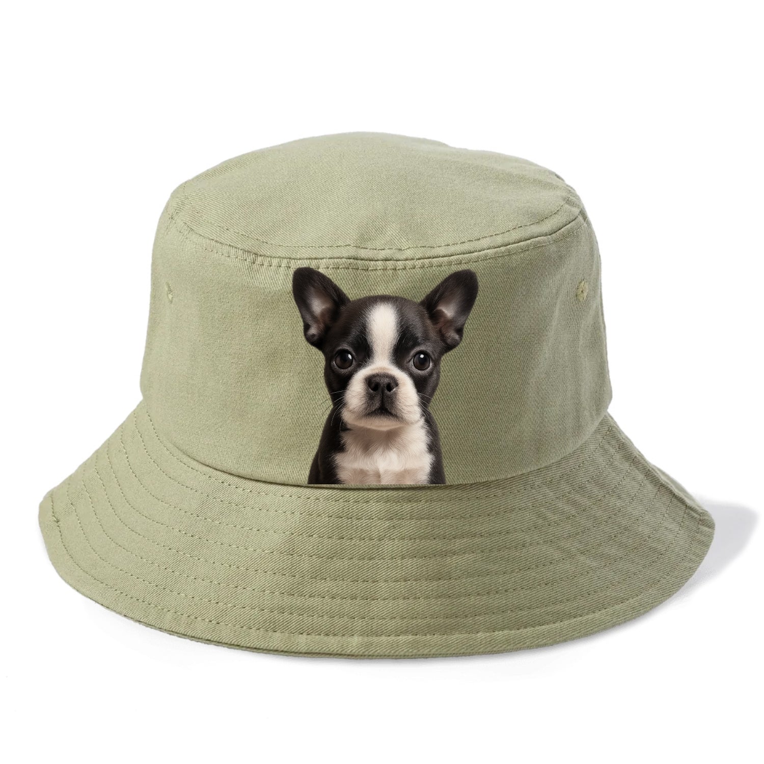 Baby Boston Terrier Puppy - tuxedo markings, big round eyes, bat ears, front-facing, - Bucket Hat - Army Green