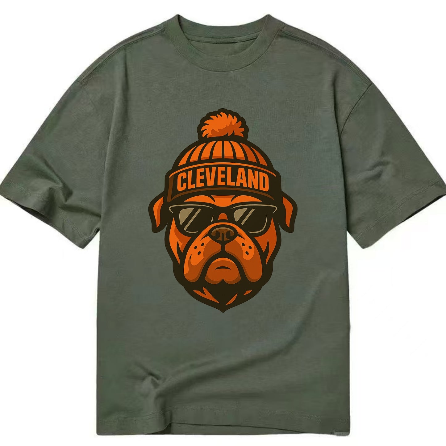 Cleveland Bulldog wearing Browns orange and brown beanie with pom pom and - Classic T-shirt - Army Green