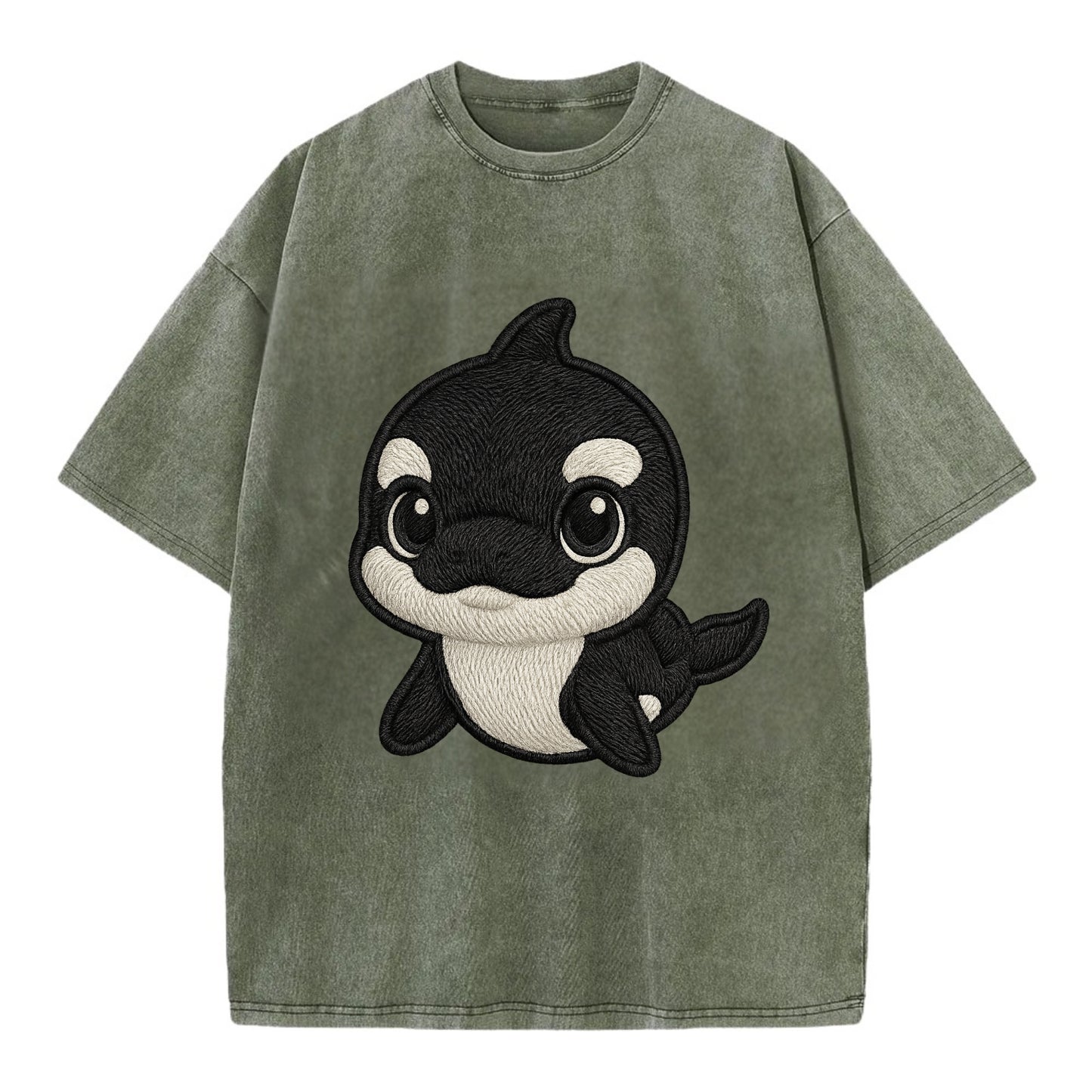 Baby Orca - black and white pattern, white eye patch, front-facing, curious and - Vintage T-shirt - Army Green