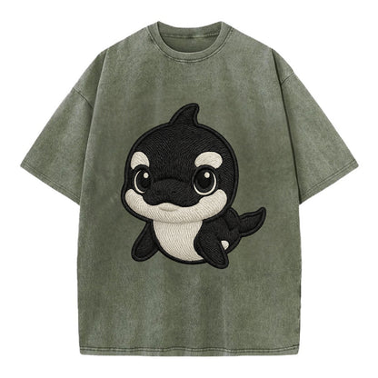 Baby Orca - black and white pattern, white eye patch, front-facing, curious and - Vintage T-shirt - Army Green