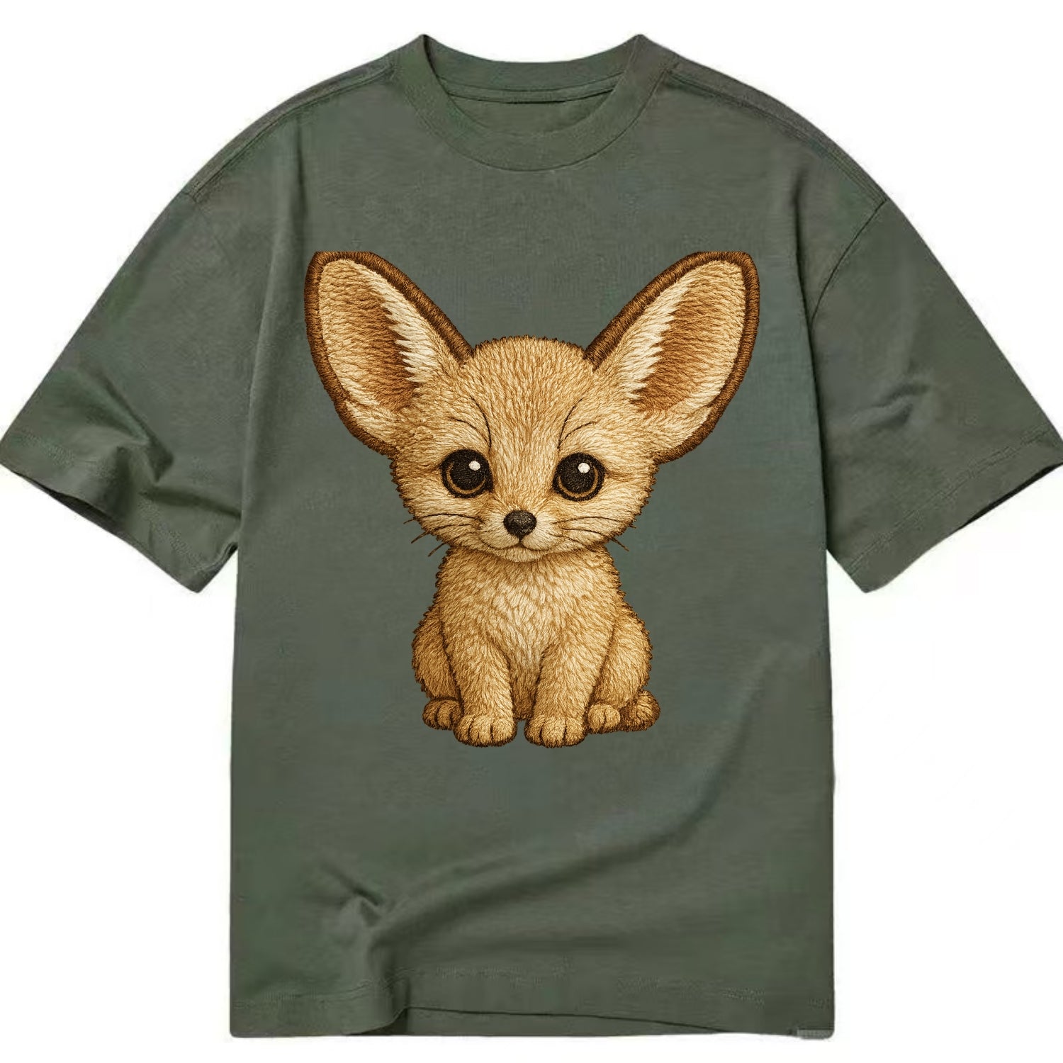 Baby Fennec Fox - huge ears, cream fur, large dark eyes, front-facing, desert baby - Classic T-shirt - Army Green