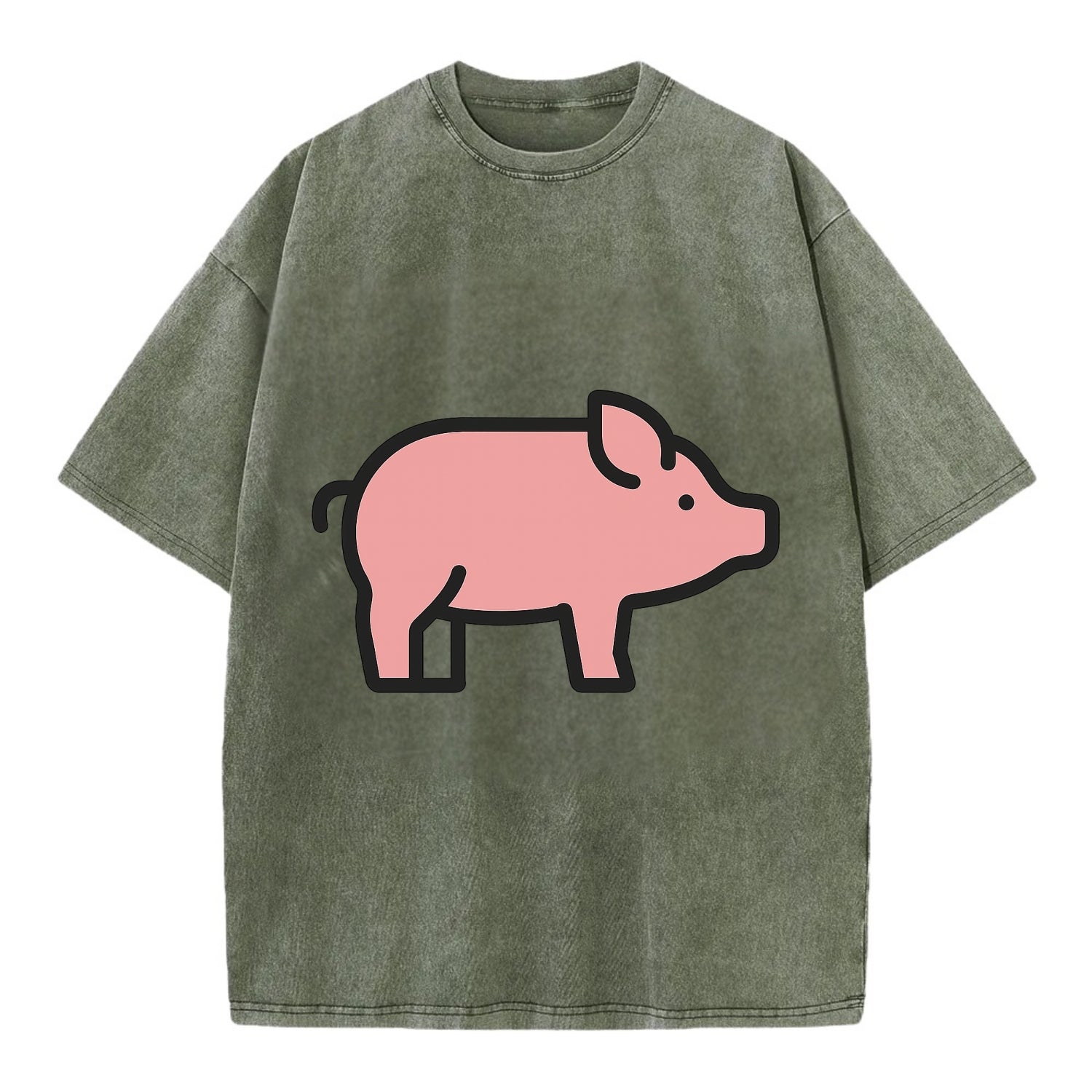 Pig - Pink farm pig flat side profile - Vintage T-shirt - Army Green