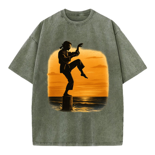 karate crane kick pose on wooden post at beach sunset - Vintage T-shirt