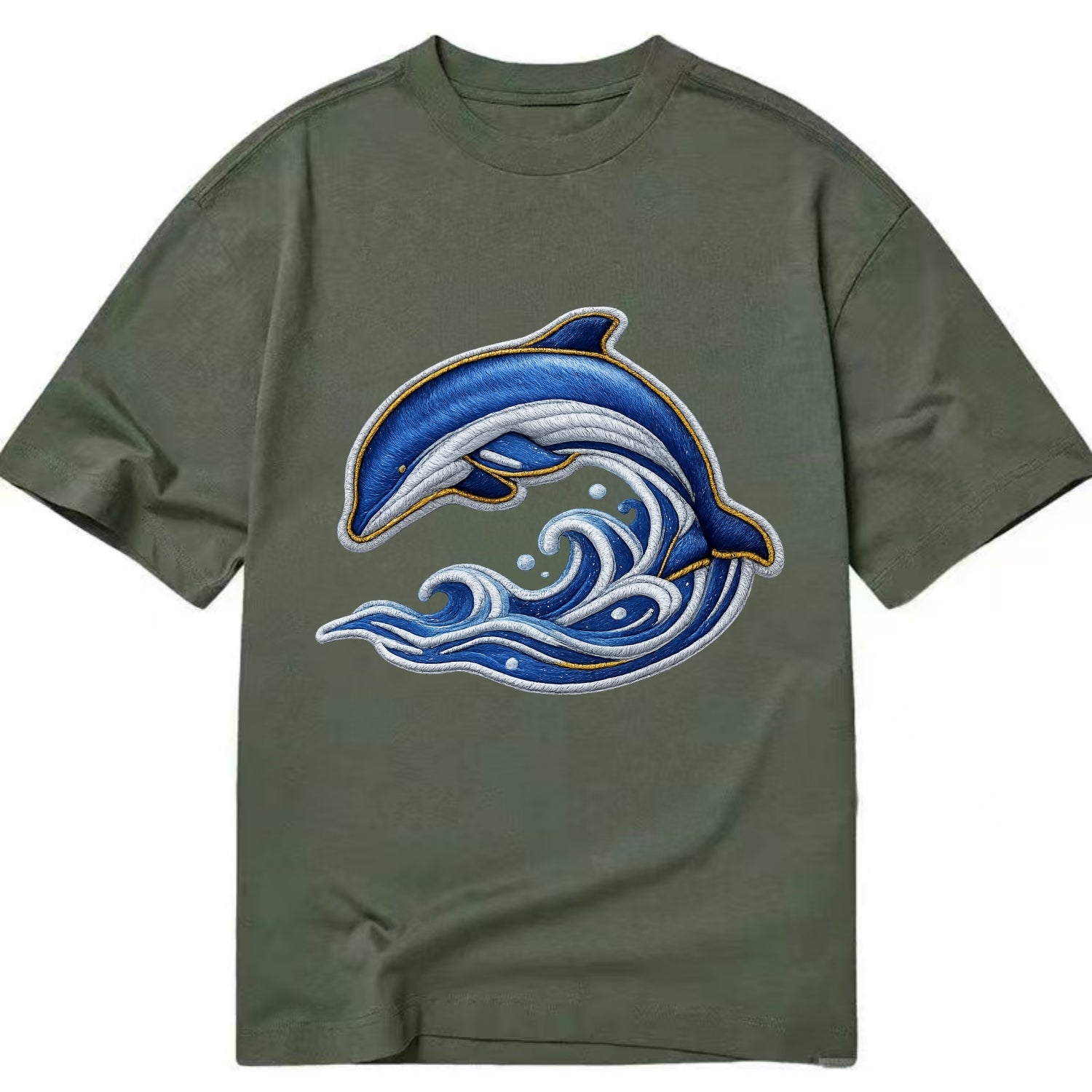 Embroidered patch design - SWIMMING DOLPHIN - diving dolphin with waves in blue - Classic T-shirt - Army Green