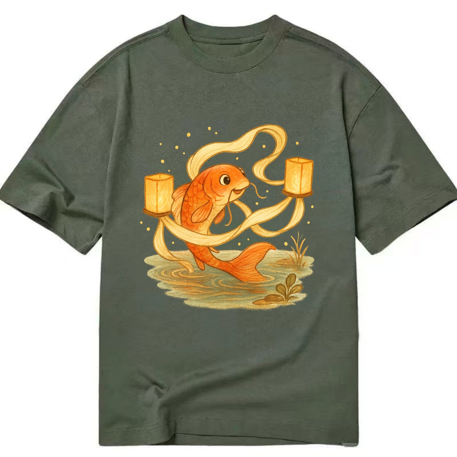 Koi weaving silk streamers through floating lanterns on tranquil water - Classic T-shirt - Army Green