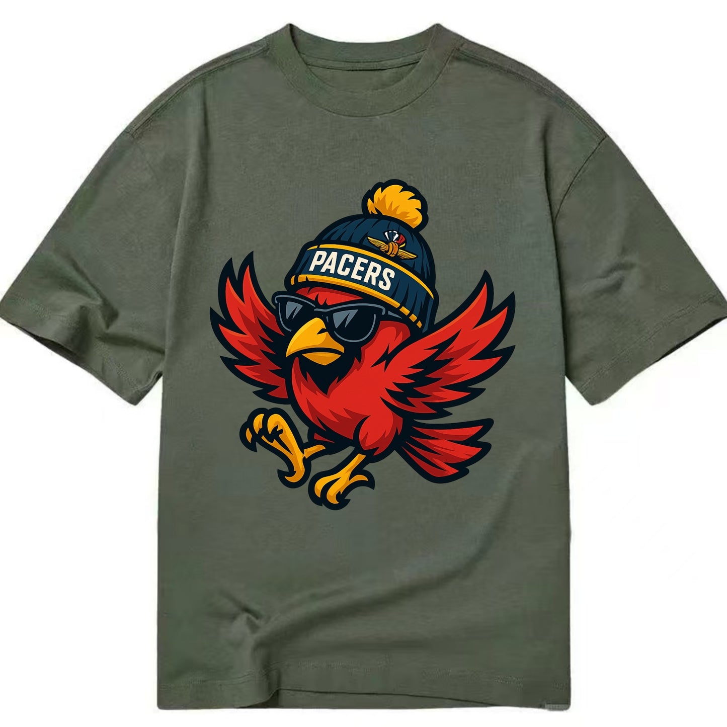 Indiana Cardinal wearing Pacers beanie with speedway patch and wayfarer sunglasses - Classic T-shirt - Army Green