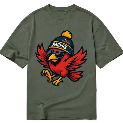 Indiana Cardinal wearing Pacers beanie with speedway patch and wayfarer sunglasses - Classic T-shirt - Army Green