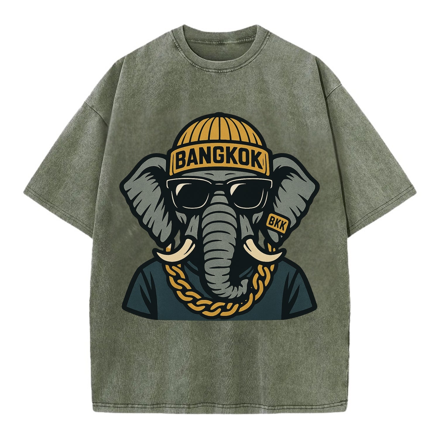 Bangkok Elephant - Vintage T-shirt - Army Green