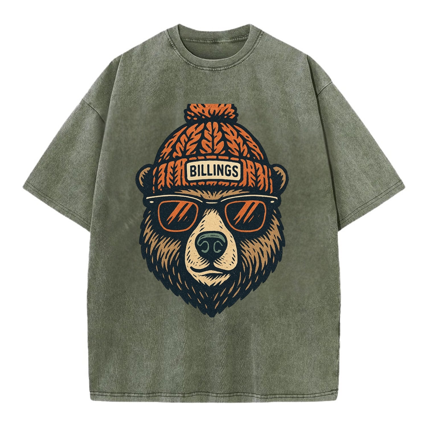 Montana Grizzly Bear wearing Billings beanie with pom pom and wayfarer sunglasses - Vintage T-shirt - Army Green