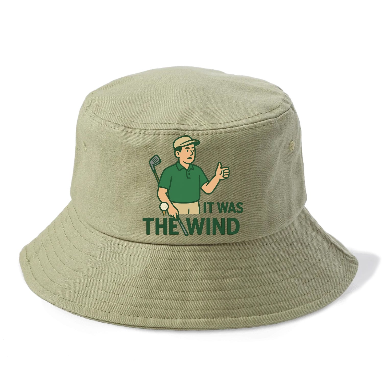 Golfer blaming the wind with hair perfectly still - "It Was the Wind" - classic excuse - Bucket Hat - Army Green