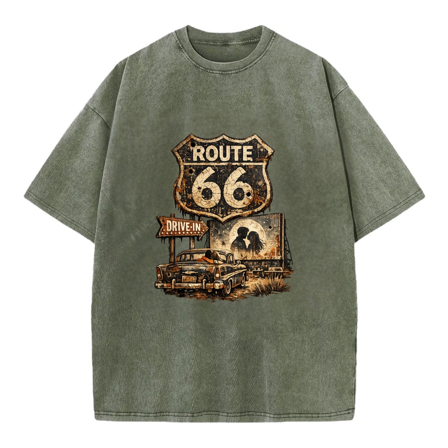 DRIVE-IN | Classic car at drive-in theater | Movie night romance | Americana - Vintage T-shirt - Army Green