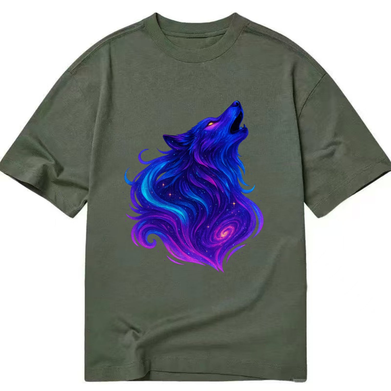 Noble wolf with flowing fur that transforms into aurora borealis streams, cyan - Classic T-shirt - Army Green